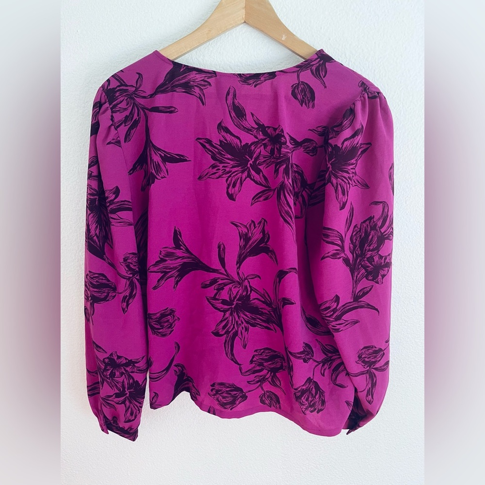 A New Day Purple Floral Puff Long Sleeve Cropped Wrap Top XL - Picture 8 of 11